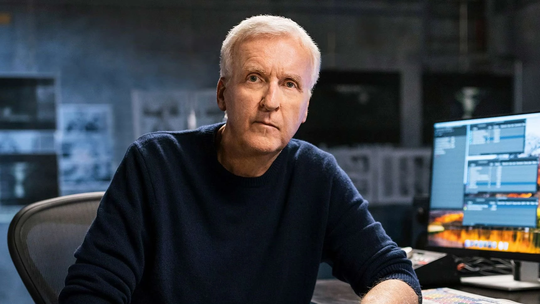 James Cameron working on a film set